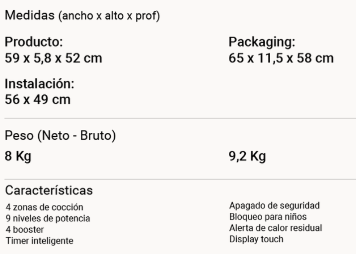 Anafe a Inducción Eléctrico Empotrable 60 cm